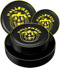 Photo 1 of  DaYammi 30 Guests Halloween Plastic Plates, Disposable Black Plastic Plates, Pumpkin Smiley Black and Gold Party Plates for Halloween Including 30 Dinner Plates 10.25 inch, 30 Dessert Plates 7.5 inch
