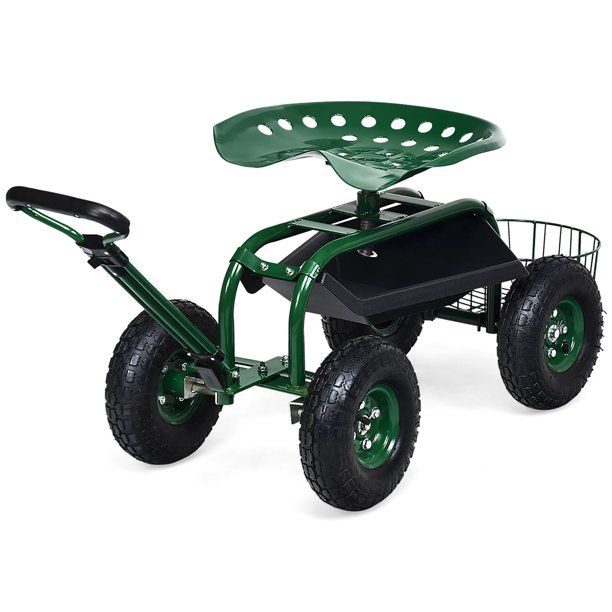 Photo 1 of Costway Garden Cart Rolling Work Seat w/Tray Basket E xtendable Handle Green
