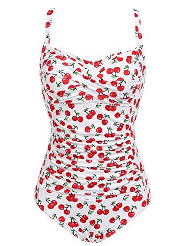 Photo 1 of Ekouaer Womens 50s Retro Vintage Cherry Print One Piece Swimwear Monokinis, White Cherry, XLarge
