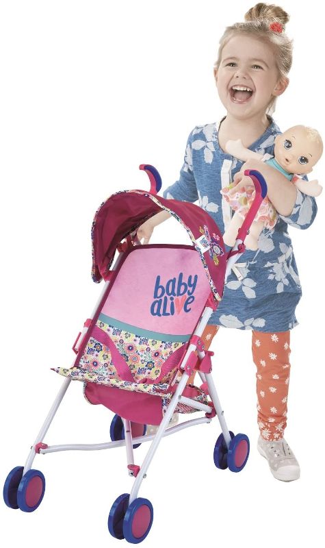 Photo 1 of Baby Alive Doll Stroller with Retractable Canopy (D82091), Safety Harness for Baby Doll, Two-Toned Handle & Wheels, Storage Basket, Fits Dolls up to 24 inches - Foldable for Easy Toy Storage, Age 3+
