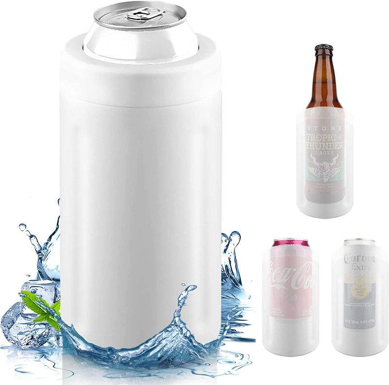 Photo 1 of 4-in-1 Slim Can Cooler for 12 Oz Skinny Can, Regular Can & Beer Bottle - Double Walled Stainless Steel Vacuum Beverage Can Insulator for Hot and Cold Drinks - White
