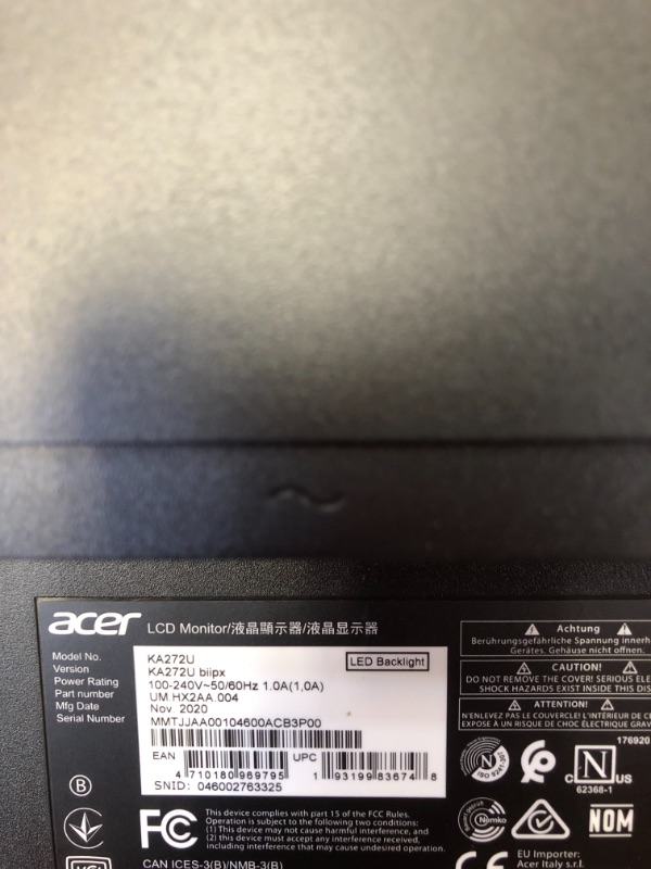 Photo 4 of Acer KA272U Biipx UM. HX2AA.004 27' QHD 2560 X 1440 (2K) 1ms VBR 75 Hz 2 X HDMI, DisplayPort AMD RADEON FreeSync Technology Gaming Monitor
