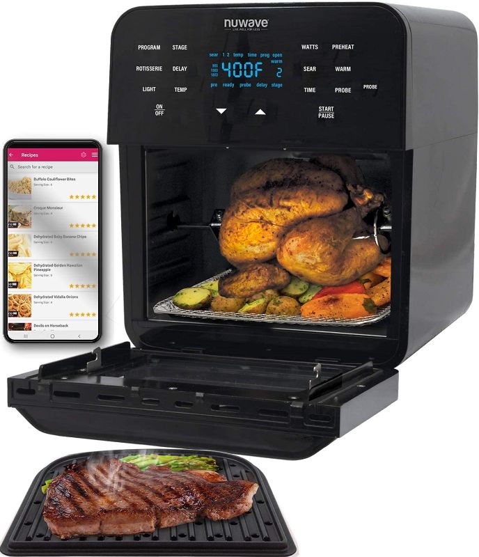 Photo 1 of NuWave Brio 15.5-Quart Large Capacity Air Fryer Oven + Grill; Patented Integrated Digital Temperature Probe; 1 Stainless Steel Tray; 1 Rack; Drip Tray; Rotisserie Kit; 100 programmed presets; Sear, Stage, Pre-Heat, Delay, Warm, Rotisserie
