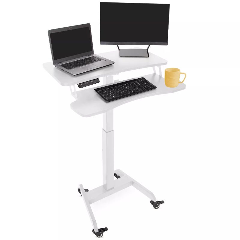 Photo 1 of Cruizer Premier Electric Height Adjustable Mobile Podium with Keyboard Tray – White – Stand Steady
