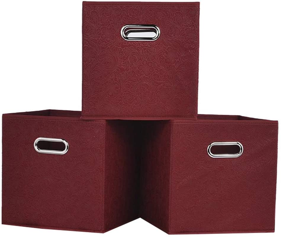 Photo 1 of  Embossed Claret Red 6 Pack Foldable Storage Cubes, Home Decorative Fabric Drawers Clothes Organizer Storage Bin, 2 Metal Handles