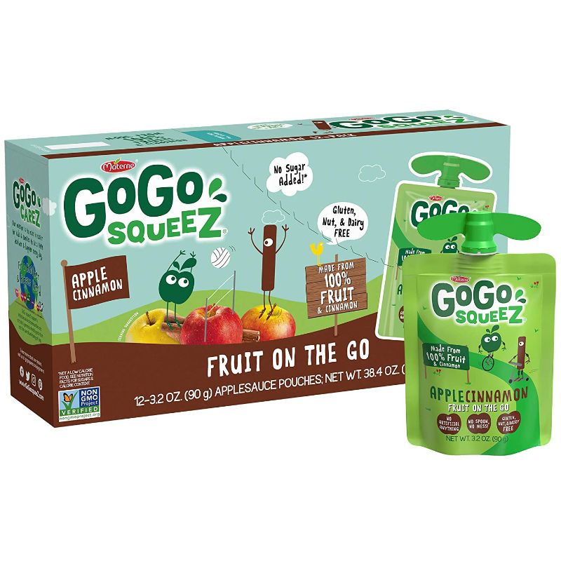 Photo 1 of GoGo squeeZ Applesauce, Apple Cinnamon, 3.2 Ounce (12 Pouches), Gluten Free, Vegan Friendly, Unsweetened Applesauce, Recloseable, BPA Free Pouches (BEST IF USED BY 01/05/22)
&&&
GoGo squeeZ Fruit on the Go Variety Pack, Apple Apple, Apple Banana, & Apple 