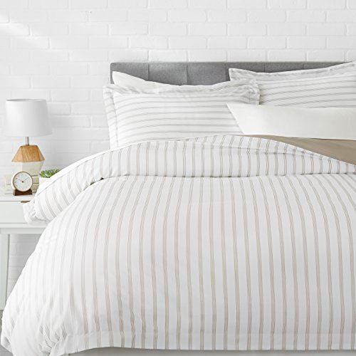 Photo 1 of Amazon Basics Light-Weight Microfiber Duvet Cover Set with Snap Buttons - King, Taupe Stripe
