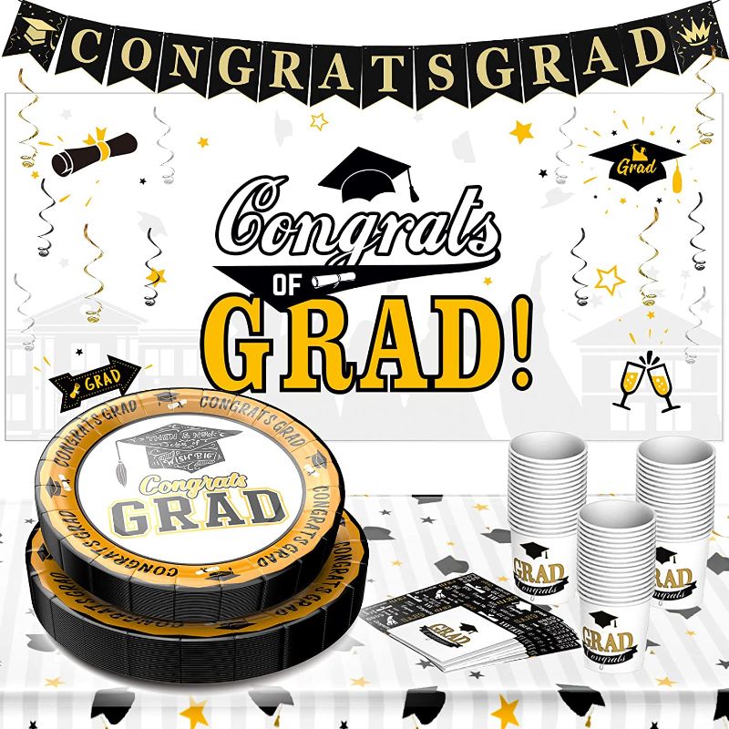 Photo 1 of 104PCS Graduation Party Supplies Disposable Dinnerware Set Graduation Party Plates Congrats Grad! Including Graduation Decoration Banner, Plates, Napkins, Tablecloth, Serves 30 Guests
