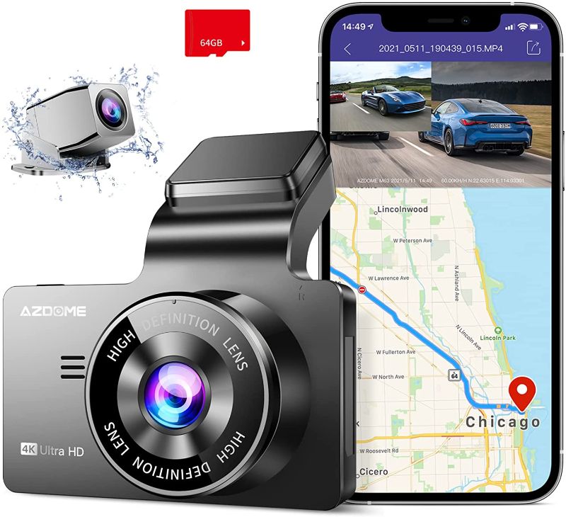 Photo 1 of AZDOME 4K Dash Cam with 64G SD Card, Built-in GPS/WiFi Dual Dash Cam for Car, 3" UHD Display Car Camera - Dash Cam Front and Rear with Sony Sensor, 170° FOV, WDR, Night Vision, Parking Monitor
