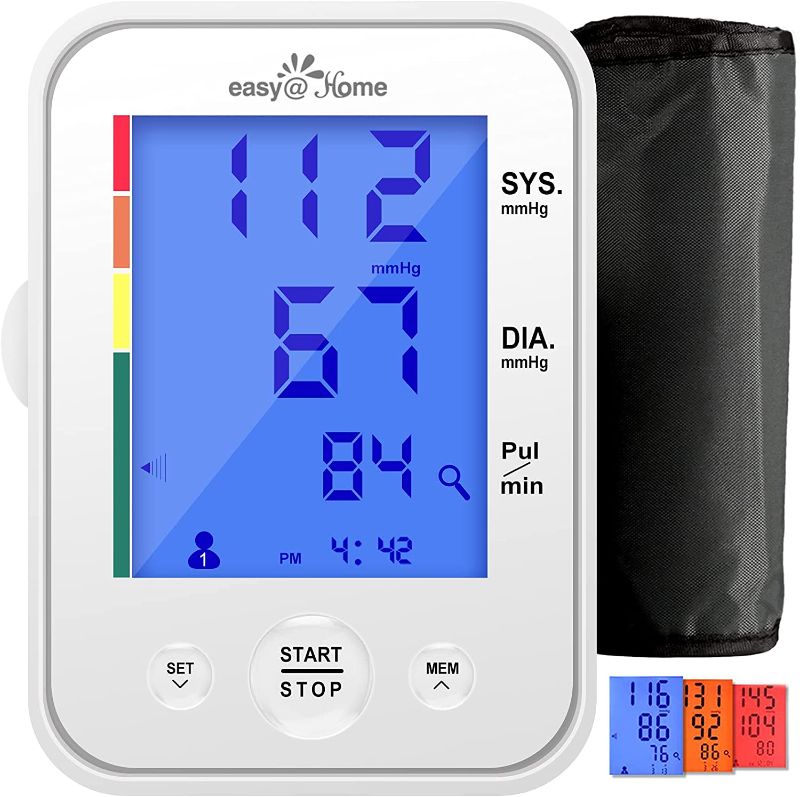 Photo 1 of Large Cuff Easy@Home Digital Upper Arm Blood Pressure Monitor (BP Monitor), 3-Color Hypertension Backlit Display and Pulse Meter-FDA Cleared for OTC, IHB Indicator, 2 User, FSA Eligible EBP-095L
