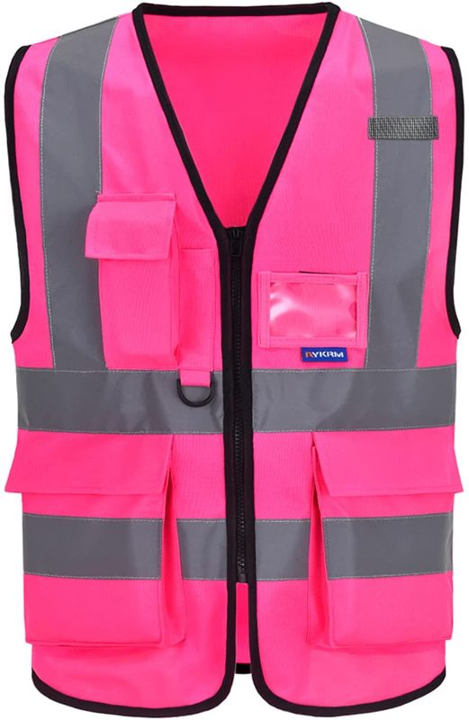 Photo 1 of A-SAFETY Pink Safety vest with pockets Hi Viz Zipper Front Working Safety Vest with Reflective Strips, Multiple Colors Available,Large
