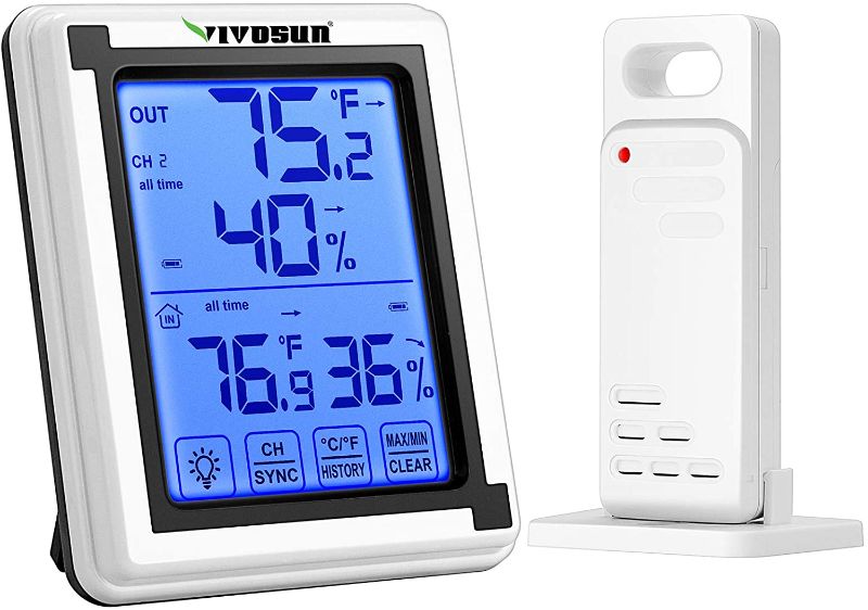 Photo 1 of VIVOSUN Digital Hygrometer Indoor Outdoor Thermometer Humidity Monitor with Touchscreen LCD Backlight, Temperature Gauge Meter 200ft/60m Range Wireless Thermometer and Hygrometer, Battery Included
