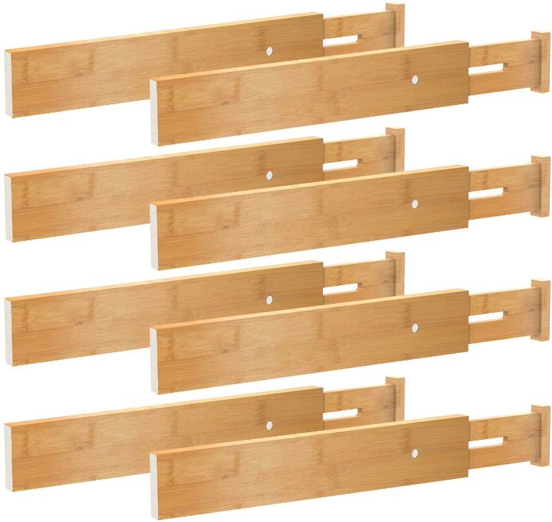 Photo 1 of BMOSU 8 Pack Drawer Dividers Bamboo Separators Organizers Spring (17.52-21.65IN) Adjustable Divider For Drawer Expandable Wood Long Dividers For Kitchen utensils Office Bathroom Bedroom (Natural)