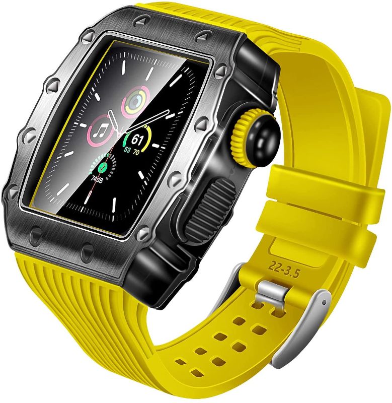 Photo 1 of Case for Apple Watch Band 44mm Series 6 SE, Protective Rugged Bumper Metal Cover with Tempered Glass Screen Protector Silicone Strap Mens Heavy Duty Drop-Proof Case for iWatch 5 4 Accessories (Yellow)