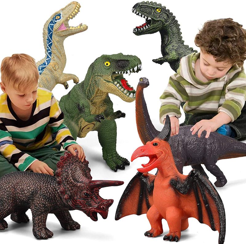 Photo 1 of 6 Piece Dinosaur Toys for Kids and Toddlers, Blue Velociraptor T-Rex Triceratops, Large Soft Dinosaur Toys Set for Dinosaur Lovers - Perfect Dinosaur Party Favors, Birthday Gifts