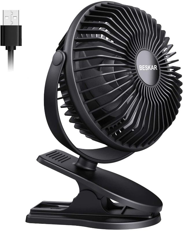 Photo 1 of BESKAR USB Powered Clip on Fan, 6 Inch Portable Fan with Cord, 3 Speeds Strong Airflow, Small Fan with Sturdy Clamp, Quiet Personal Desk Fan & Clip Fan