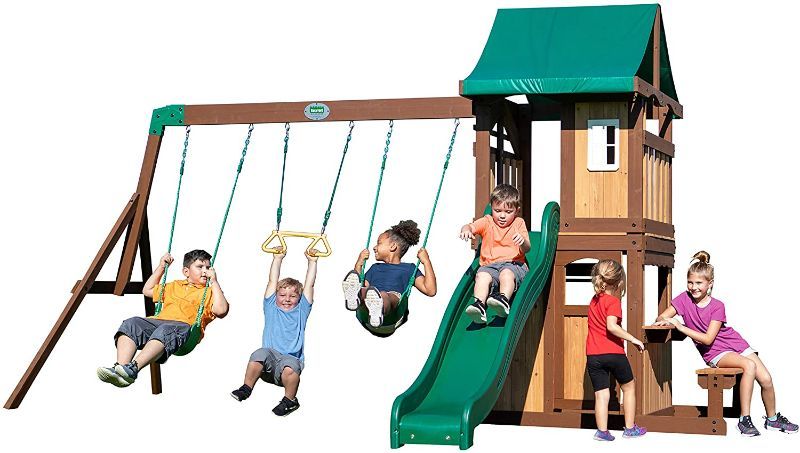 Photo 1 of BACKYARD DISCOVERY LAKEWOOD WOODEN PLAYSET SWING SET -- Box 1 and 2 only ---- MISSING BOX 3 