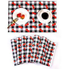 Photo 1 of Buffalo Plaid Checkered Kitchen Placemats - Check Winter Farmhouse Dining Patio Table Place Mat Set of 6 (Grey / White Plaid - Cherry )