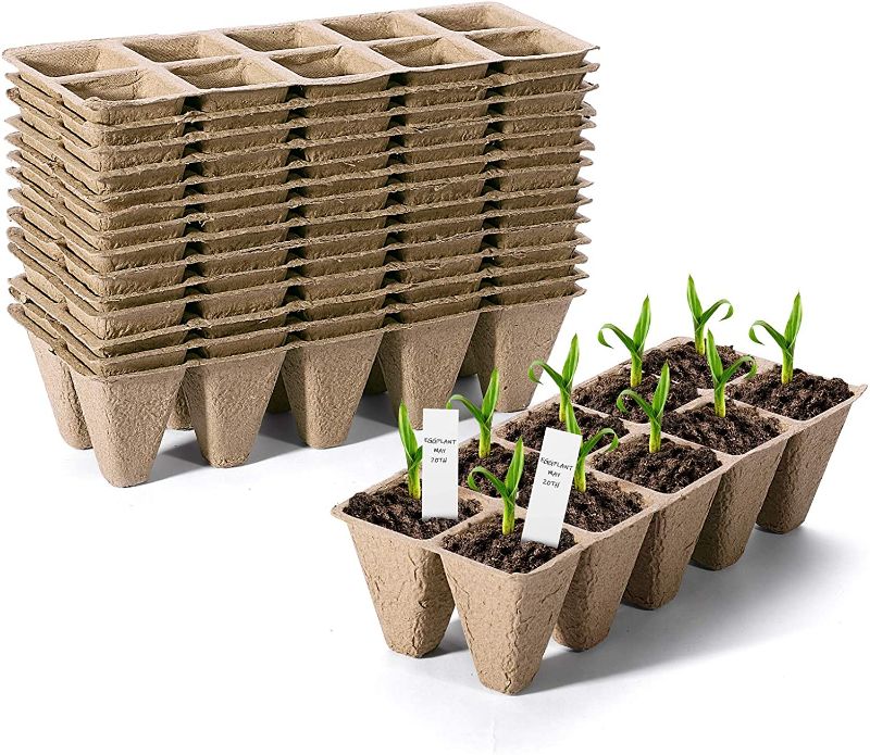 Photo 1 of Delxo 15 Pack Peat Pots Seed Starter Trays Pods Seedling Plant Starter Tray (150 Cells) Organic Germination Seedling Trays Biodegradable, 20 Plastic Plant Labels Included 3 PACK 