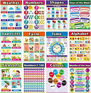 Photo 1 of Educational Posters for Kindergarten, Preschool Learning Posters, Laminated Learning Charts for Toddlers, Elementary Posters for Classroom, School Supplies Includes Numbers, Time (12 Pack A)