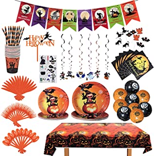 Photo 1 of 175Pcs Halloween Party Supplies Decorations Tableware Set Halloween Tablecloth 54" x 108" Pumpkin Witch Party Dinner Plates Napkins Cups Cake Insert Glow Stickers Hanging Swirl Balloons Banners