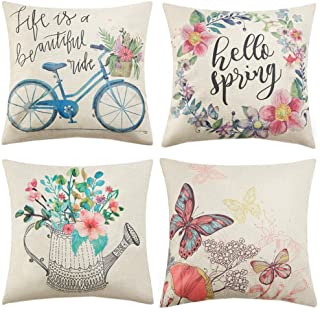 Photo 1 of Anickal Spring Pillow Covers 20x20 Inch Set of 4 for Spring Decorations Hello Spring Wreath Bicycle Butterfly