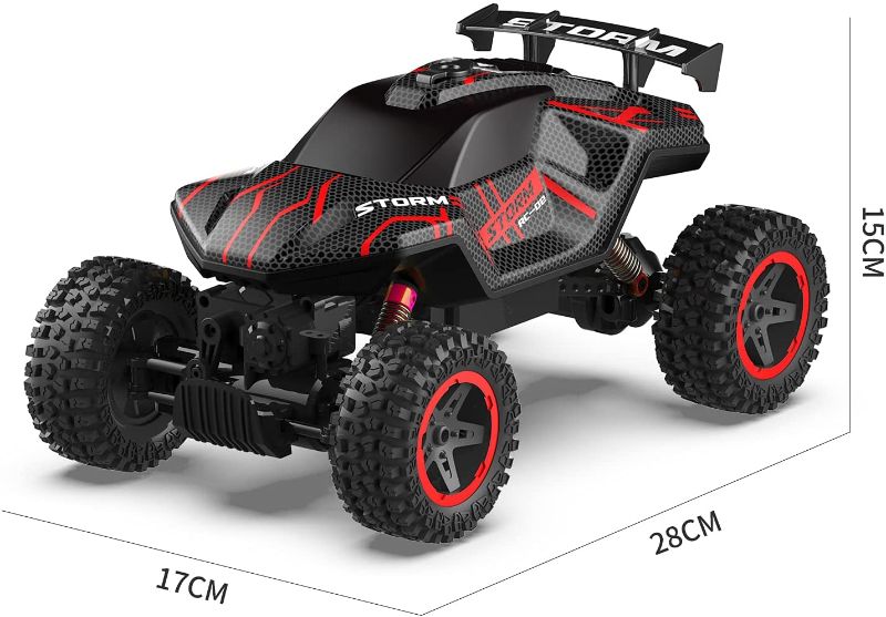 Photo 1 of LEERC Remote Control Car 1:18 Scale 4X4 Off Road Large Size RC Car with Rear Fog Stream, Electric Hobby Toy Car for Boys Teens Adults (RED)
