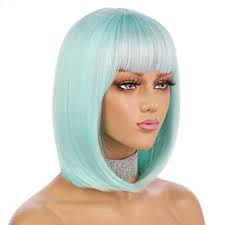 Photo 1 of ENILECOR SHORT BOB HAIR WIGS 12" STRAIGHT WITH FLAT BANGS SYNTHETIC COLOR COSPLAY DAILY PARTY WIG MINT