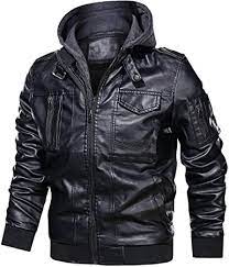 Photo 1 of MANSDOUR MEN'S FAUX LEATHER JACKET WARM BLACK MOTORCYCLE BOMBER JACKET WITH REMOVABLE HOOD SIZE LARGE 