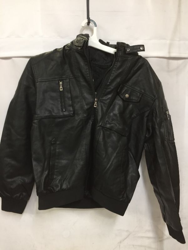 Photo 2 of MANSDOUR MEN'S FAUX LEATHER JACKET WARM BLACK MOTORCYCLE BOMBER JACKET WITH REMOVABLE HOOD SIZE LARGE 