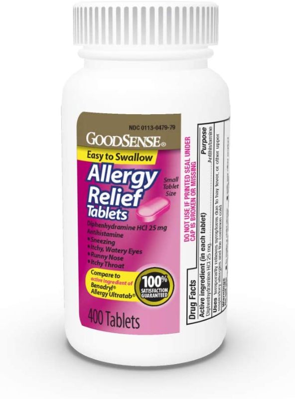 Photo 1 of 2 PACK GoodSense Allergy Relief Diphenhydramine HCl 25 mg, Antihistamine Tablets for Symptoms Due to Hay Fever and Upper Respiratory Allergies, 400 Count, (800 total) EXP 10.2022