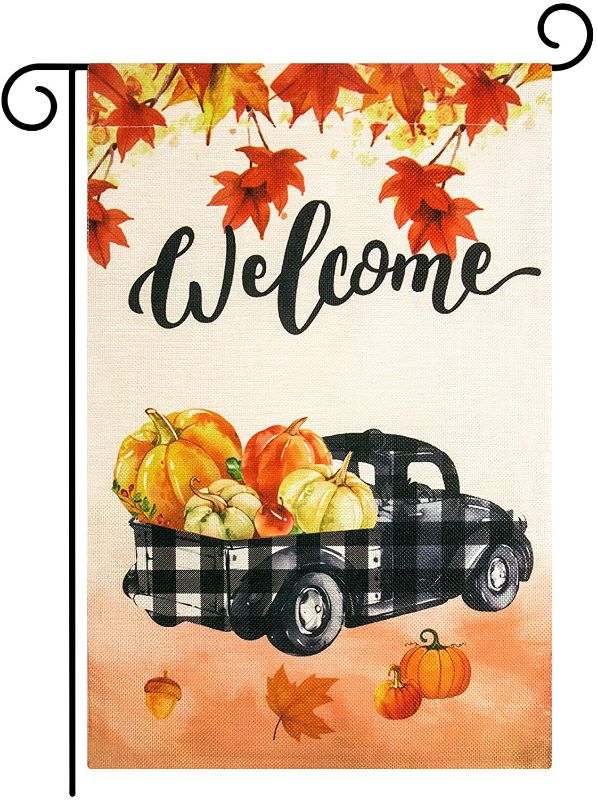 Photo 1 of 2 pack - Unves Fall Garden Flag 12.5 x 18 Inch, Decorative Thanksgiving Flag Pumpkin Fall Leaves, Double Sided Buffalo Check Plaid Farm Welcome Garden Flag Thanksgiving Harvest Rustic Yard Outdoor Decoration (Rod not included)