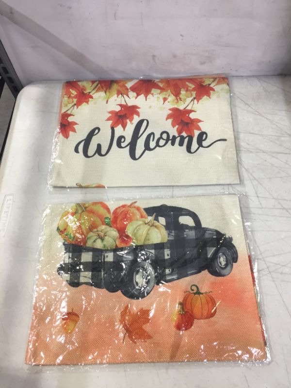 Photo 2 of 2 pack - Unves Fall Garden Flag 12.5 x 18 Inch, Decorative Thanksgiving Flag Pumpkin Fall Leaves, Double Sided Buffalo Check Plaid Farm Welcome Garden Flag Thanksgiving Harvest Rustic Yard Outdoor Decoration (Rod not included)