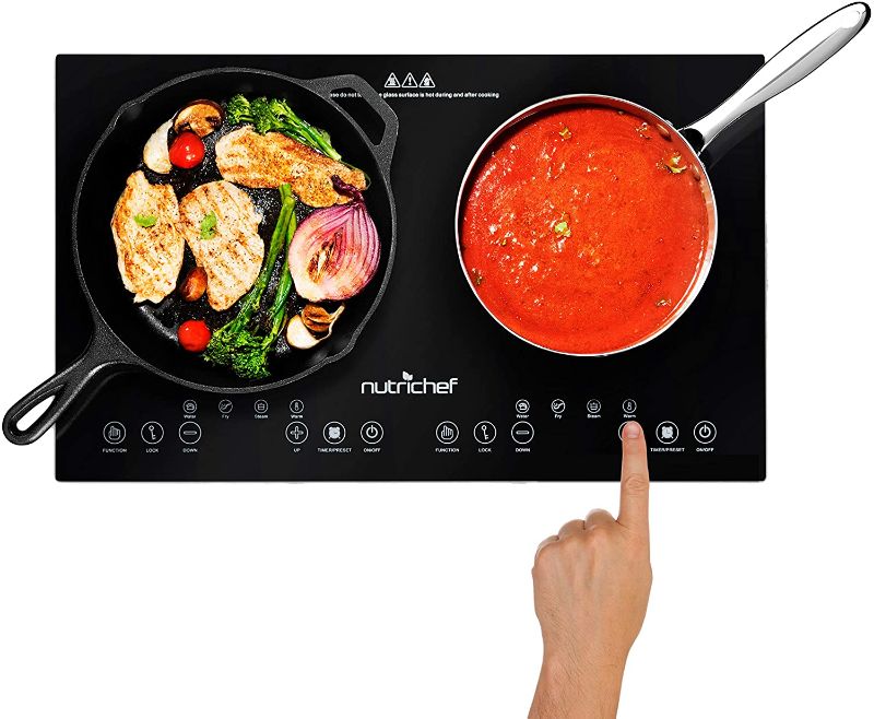 Photo 1 of Double Induction Cooktop - Portable 120V Portable Digital Ceramic Dual Burner w/ Kids Safety Lock - Works with Flat Cast Iron Pan,1800 Watt,Touch Sensor Control, 12 Controls - NutriChef PKSTIND48
