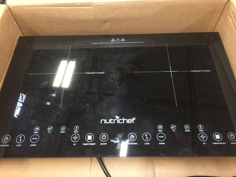 Photo 2 of Double Induction Cooktop - Portable 120V Portable Digital Ceramic Dual Burner w/ Kids Safety Lock - Works with Flat Cast Iron Pan,1800 Watt,Touch Sensor Control, 12 Controls - NutriChef PKSTIND48
