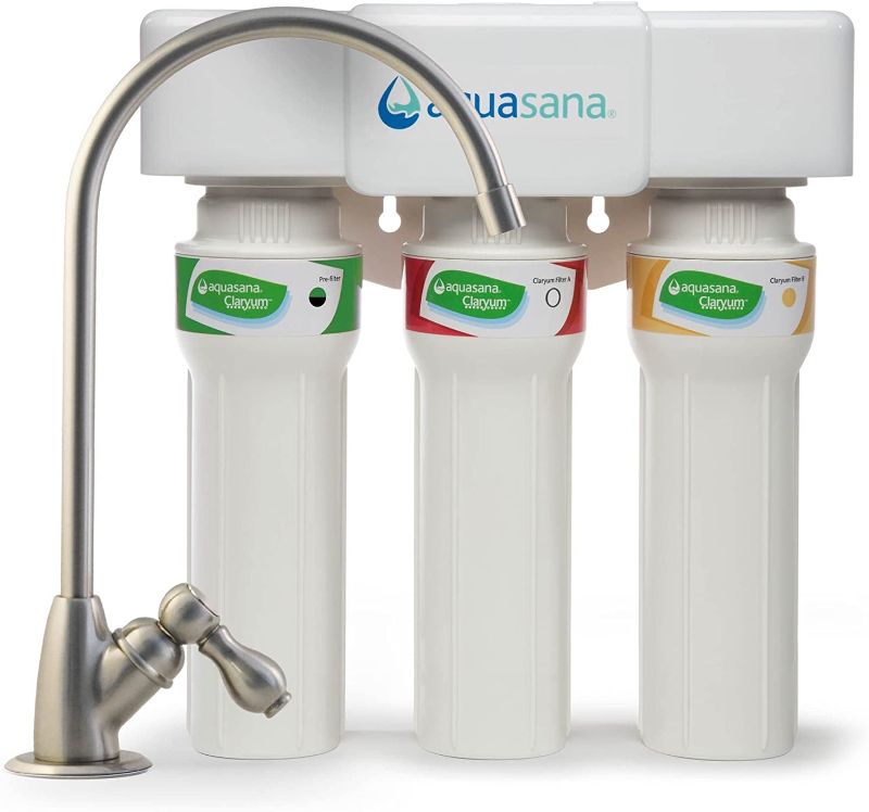 Photo 1 of Aquasana 3-Stage Max Flow Claryum Under Sink Water Filter System - Kitchen Counter Claryum Filtration - Filters 99% Of Chlorine - Brushed Nickel Faucet - AQ-5300+.55
