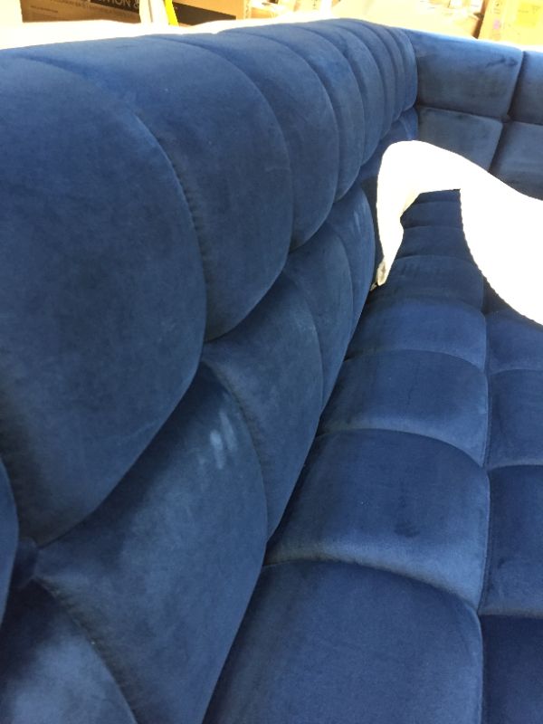 Photo 3 of 86" Sofa with Black Splayed Tapered Legs, Non-Marking Foot Caps, Flared Arms, Dense Foam Padding and Velvet Upholstery in Navy Color - minor razor blade damage to legs from opening hardware package.