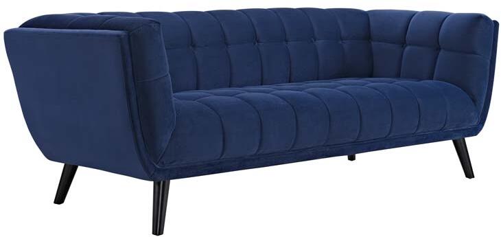 Photo 1 of 86" Sofa with Black Splayed Tapered Legs, Non-Marking Foot Caps, Flared Arms, Dense Foam Padding and Velvet Upholstery in Navy Color - minor razor blade damage to legs from opening hardware package.