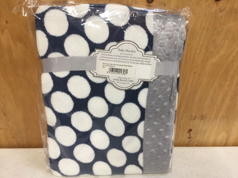 Photo 2 of  Navy Dots with grey Border push Baby Blanket 30 x 40 inch