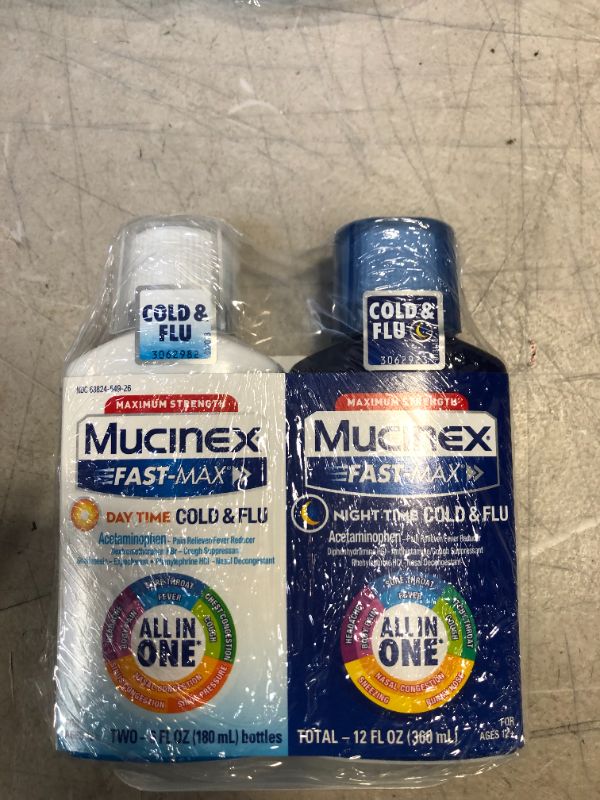 Photo 1 of Mucinex Fast-Max Day Time Cold & Flu and Night Time Cold & Flu Liquid Medicine, Maximum Strength All in One Multi Symptom Relief for Congestion, Sore Throat, Headache, Cough and Reduces Fever, 12fl oz
exp  02/2022