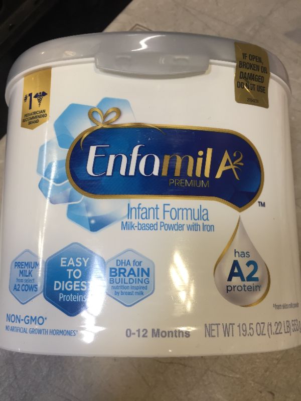 Photo 2 of Enfamil A2 Premium Infant Formula, Non-GMO, Easy-to-Digest Premium Milk Proteins from Select A2 Cows, Milk-Based Powder with Iron and Brain Building DHA, Reusable Tub, 19.5 Oz EXP 10/2022
