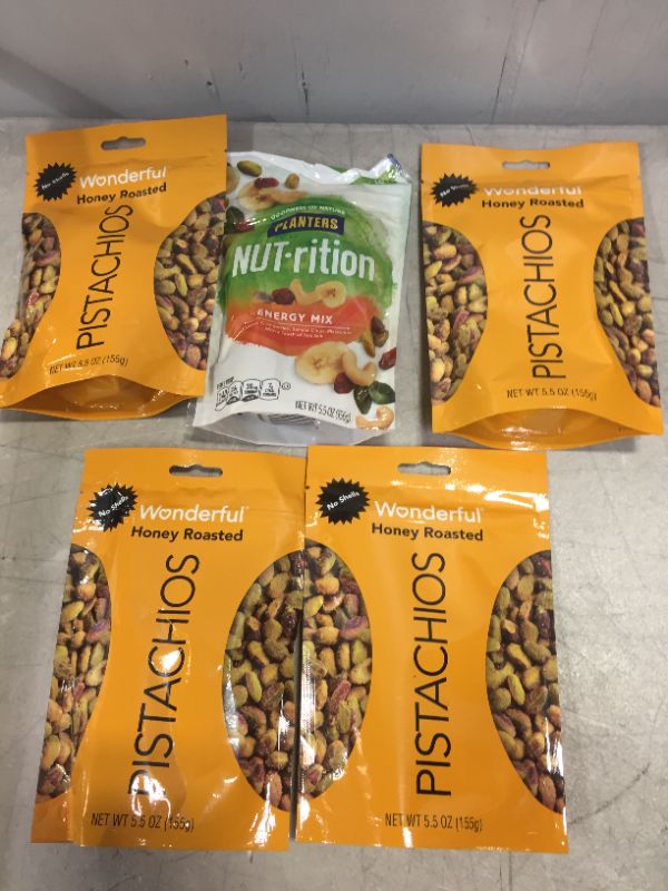 Photo 1 of Wonderful Pistachios, No Shells, Honey Roasted, 5.5 Ounce Resealable Pouch --- PACK OF 4 AND Planters NUT-rition Energy Mix With Dried Cranberries, Lightly Salted, 5.5 oz Bag
 EXP 01/2022-04/2022
