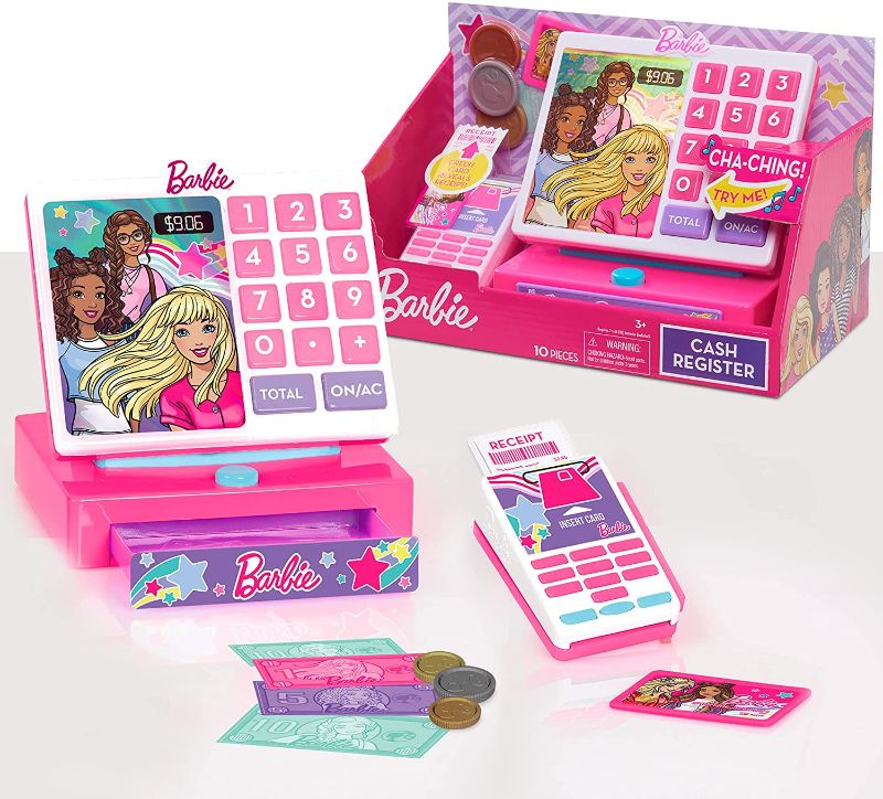 Photo 1 of Barbie Trendy Cash Register with Sounds, Pretend Money, and Credit Card Reader, 9 Piece Playset, by Just Play
