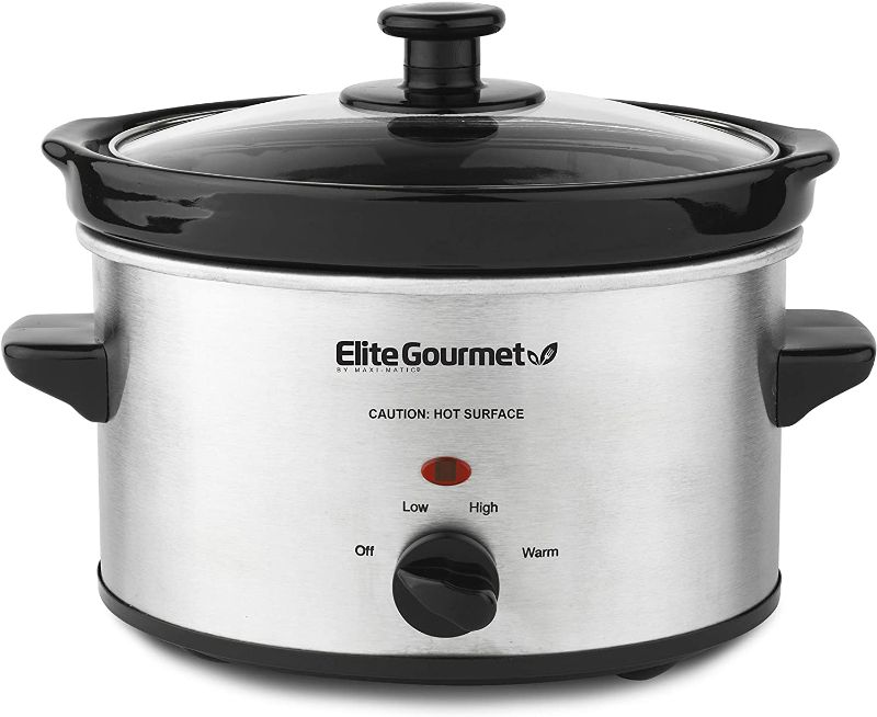 Photo 1 of Elite Gourmet MST-275XS Electric Oval Slow Cooker, Adjustable Temp, Entrees, Sauces, Stews & Dips, Dishwasher Safe Glass Lid & Crock (2 Quart, Stainless Steel)
