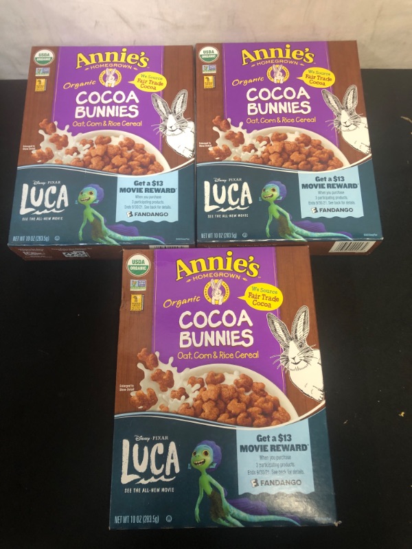 Photo 1 of 3 pack - Annie's Organic Cocoa Bunnies Breakfast Cereal, 10 oz
exp - jan 13 - 2022 