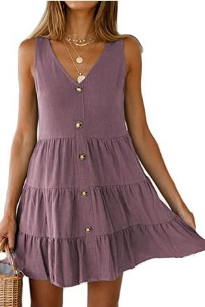 Photo 1 of Halife Women's Button Front Dress Summer Sleeveless V-Neck Pleated Swing Dresses
Size: M