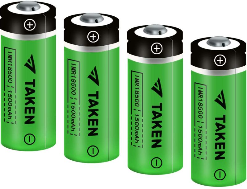 Photo 1 of 18500 Rechargeable Batteries, TAKEN IMR 18500 1500mAh 3.7V Li-ion Rechargeable Battery with Button Top - 4 Pack
