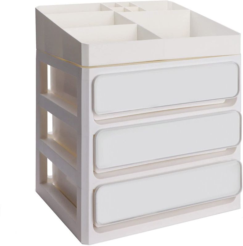 Photo 1 of CRUGLA 3 Plastic Drawers Storage Units, Organizer Box Desktop Display Units with Drawers for Home Organization, Bathroom Countertop Organizing, White
