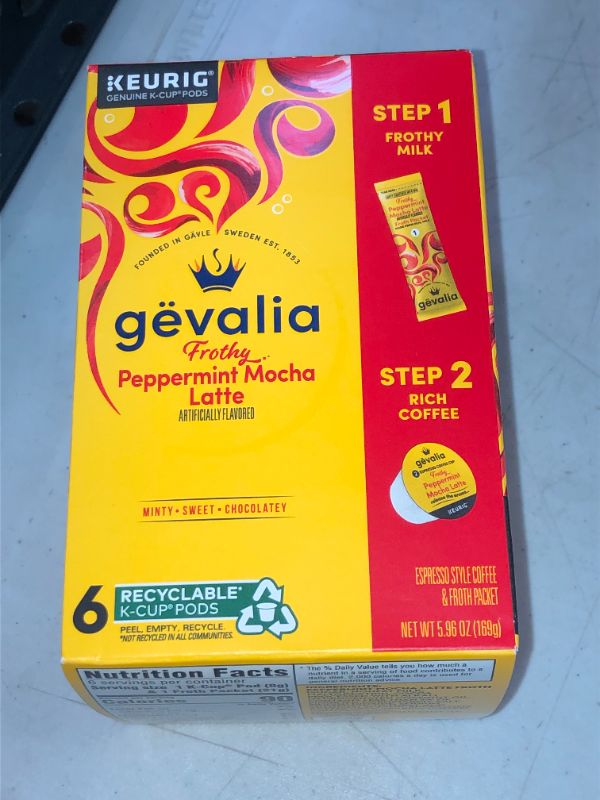 Photo 2 of Gevalia Peppermint Mocha Latte K Cup Espresso Pods with Latte Froth Packets, Caffeinated, 6 ct - 5.95 oz Box