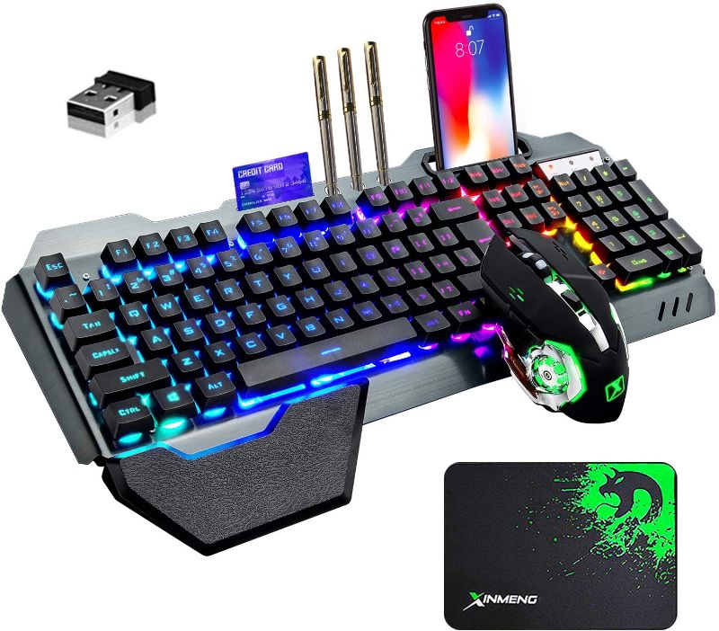 Photo 1 of Wireless Gaming Keyboard and Mouse with Rainbow LED 16RGB Backlit Rechargeable 4800mAh Battery Metal Panel Mechanical Ergonomic Feel Waterproof Dustproof 7 Color Mute Mice for Laptop PC Gamer(Black)